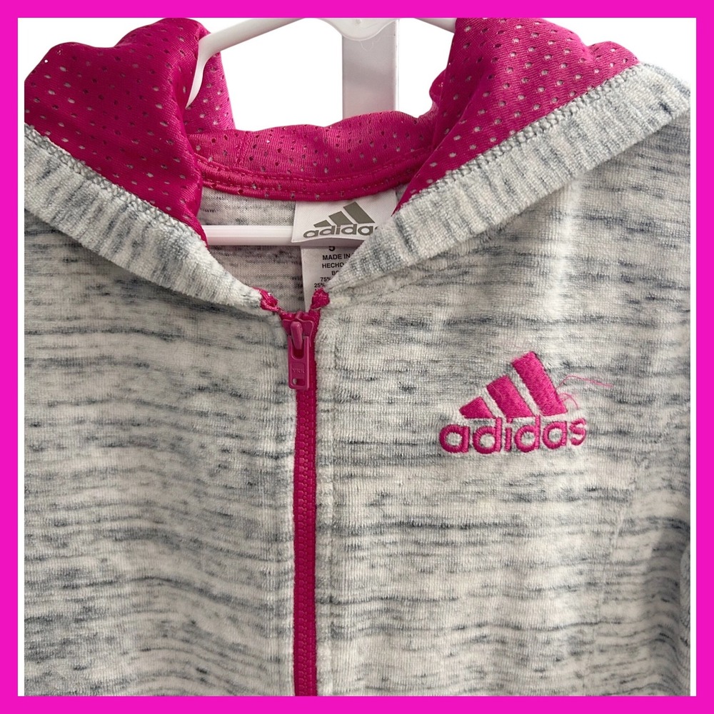 Kids Adidas Gray Heather Zip Up Hoodie Jacket Pink Trim Size 5